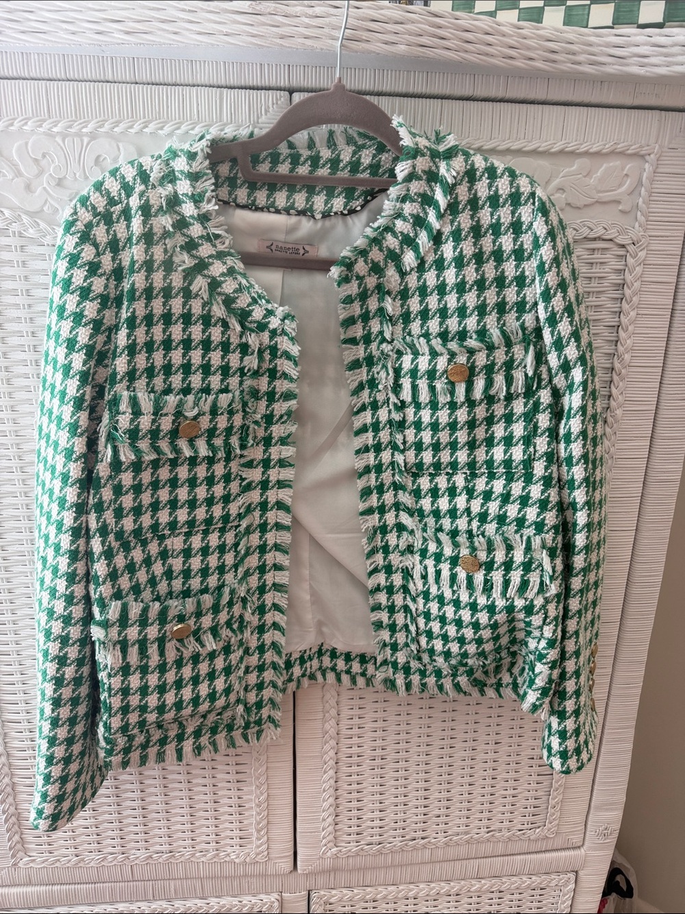 Green and White Houndstooth Tweed Jacket - Classic Women's Blazer Medium